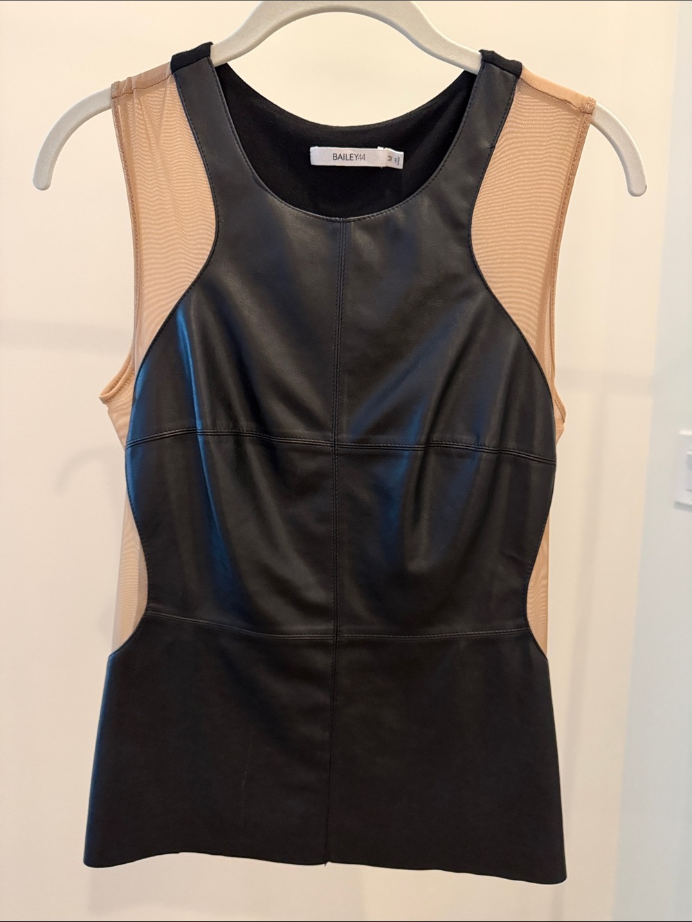 Bailey 44 Black Faux Leather with Nude Mesh Sleeveless Top